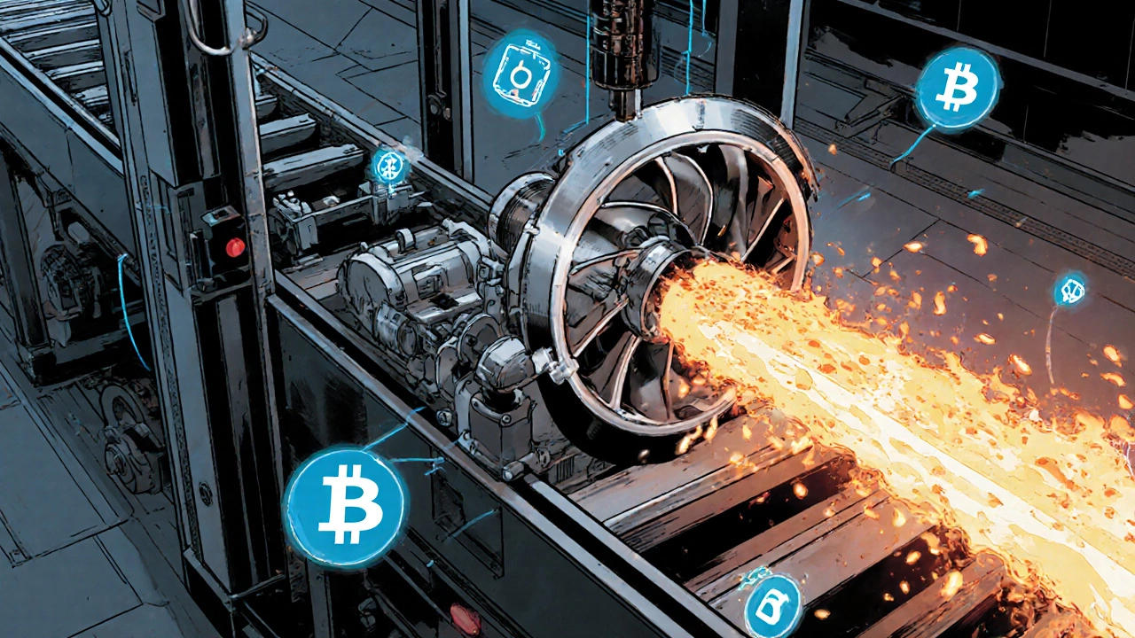 3D-принтер на конвейере печатает деталь двигателя, окруженную цифровыми метками.