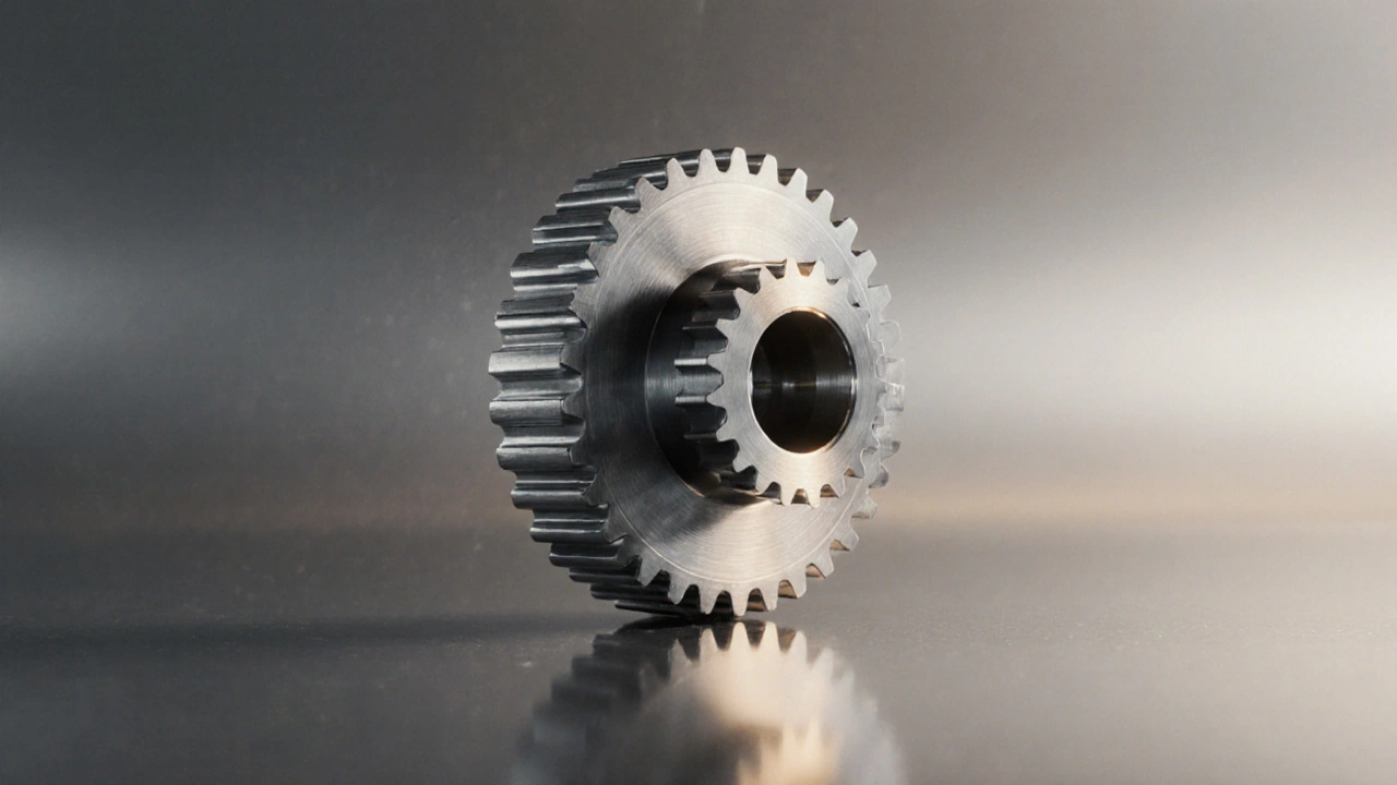 Фотореалистичный рендер металлической сборки на отражающем фоне.