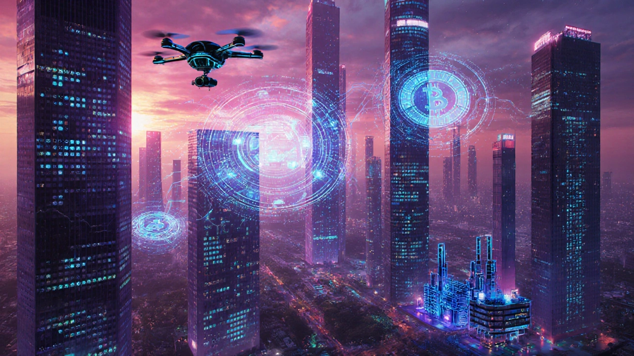 Футуристический город с AI, 3D‑печатью и блокчейн‑символами.