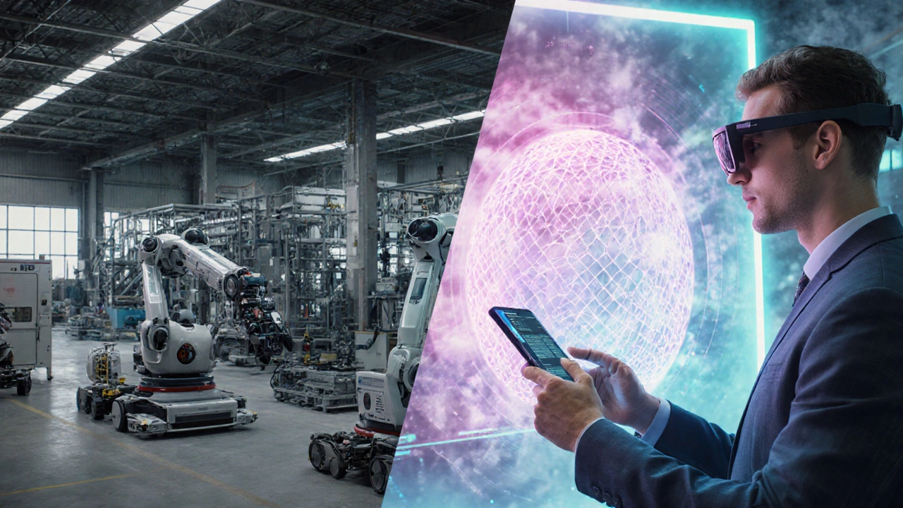 Инженер в AR‑очках наблюдает цифровой двойник завода, рядом работает 3D‑принтер.