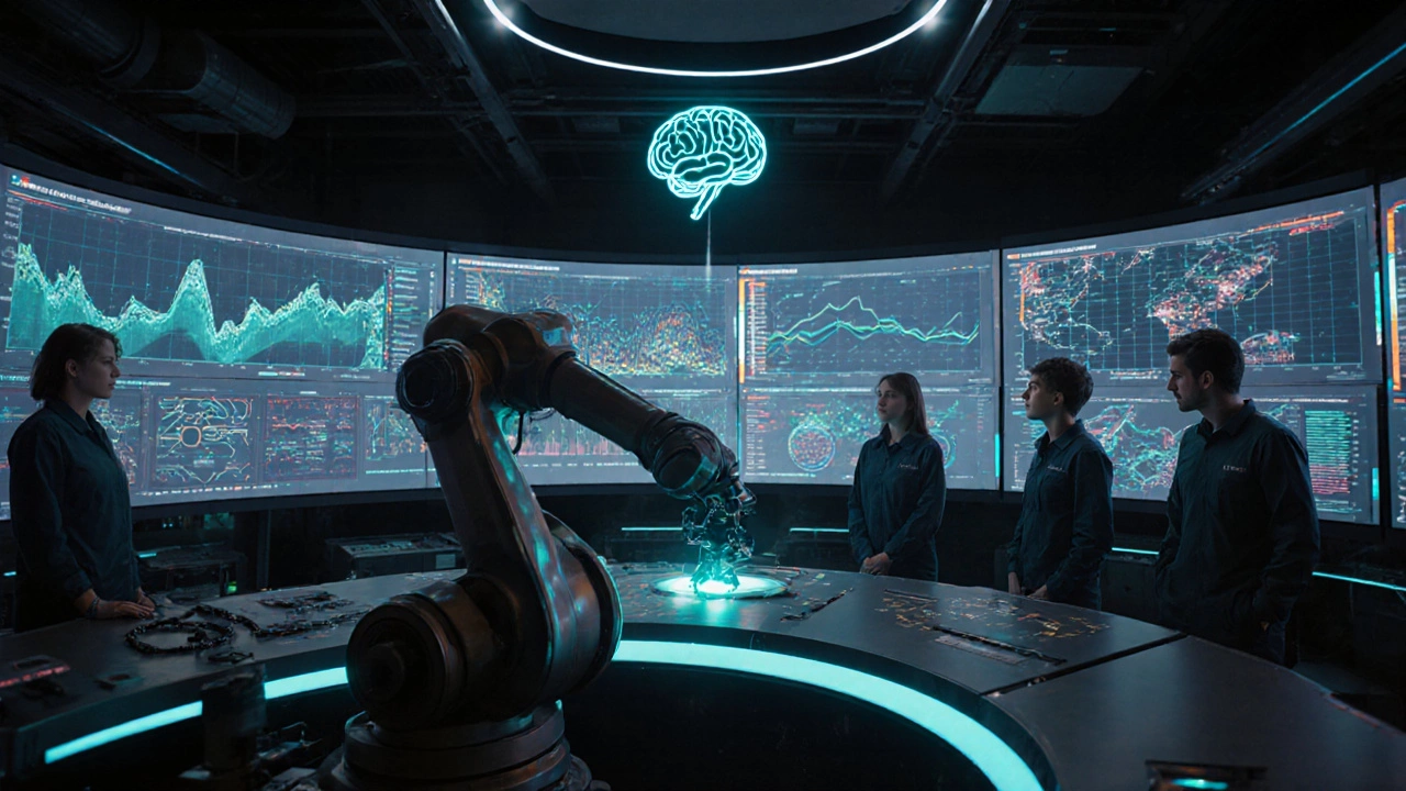 Комната управления, где AI‑система анализирует производство, а робот проверяет детали.