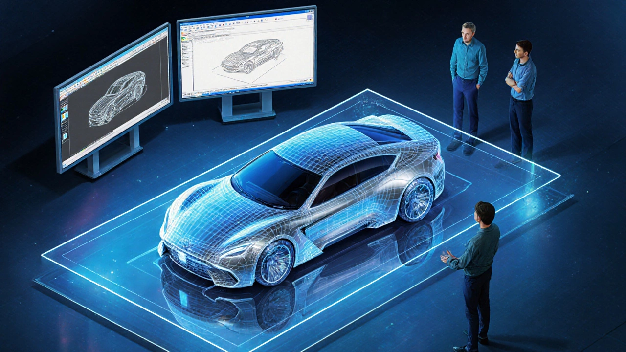 Концептуальный автомобиль в CAD‑программе, показывающий каркас и аэродинамические линии.