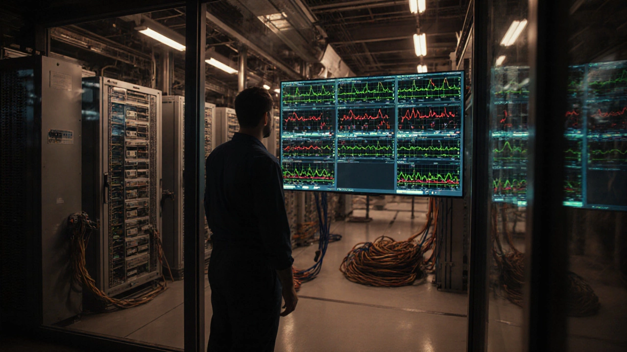Оператор наблюдает за SCADA-панелью в цеху, на экране отображаются данные производства.