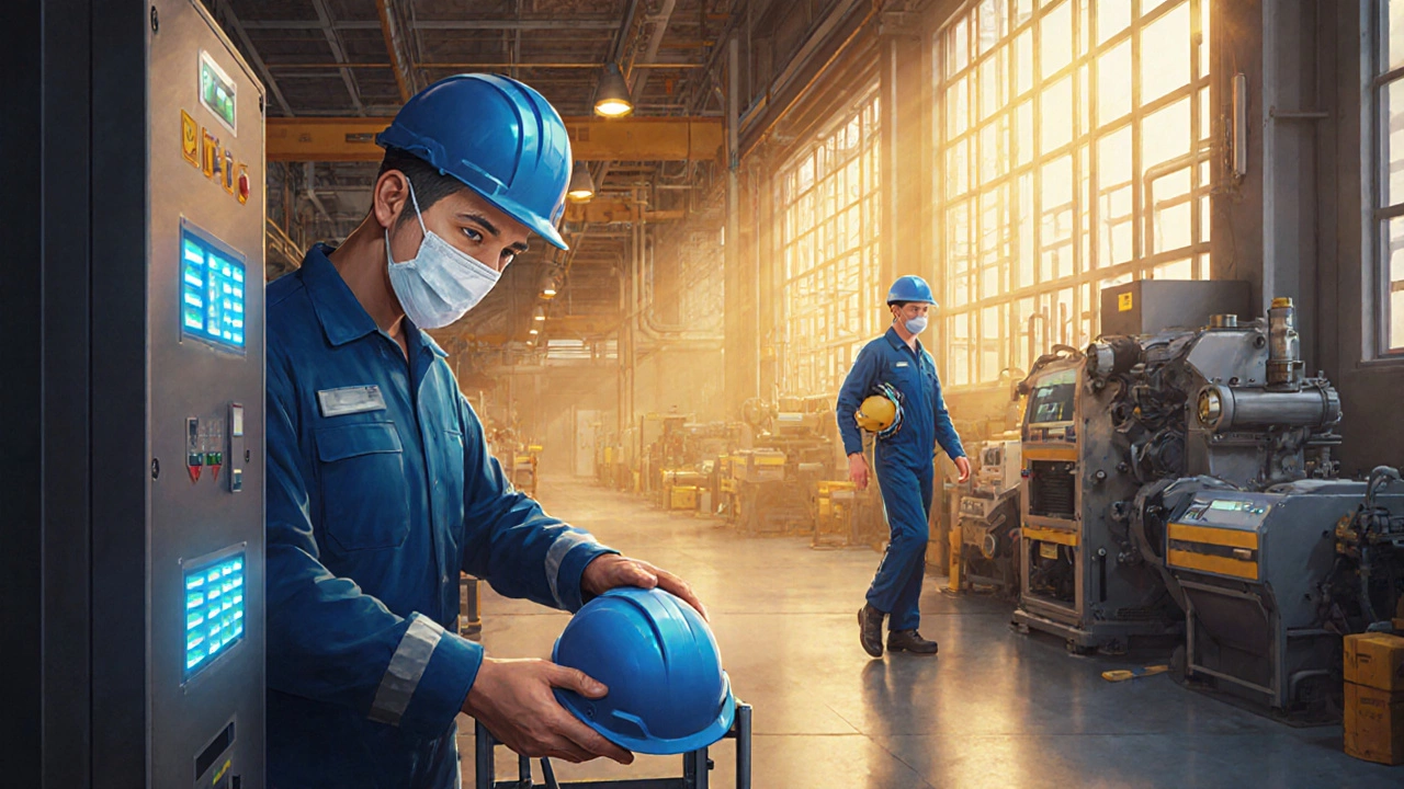 Производственная линия с интуитивно спроектированными элементами безопасности: двухкнопочные панели, защитные маски, точечная посадка деталей.