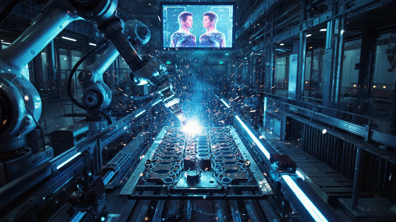 Роботы сваривают электромобиль в умном производстве с голографическими экранами.