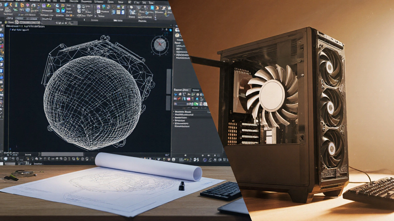 Сцена, показывающая переход от CAD‑модели к готовому рендеру.