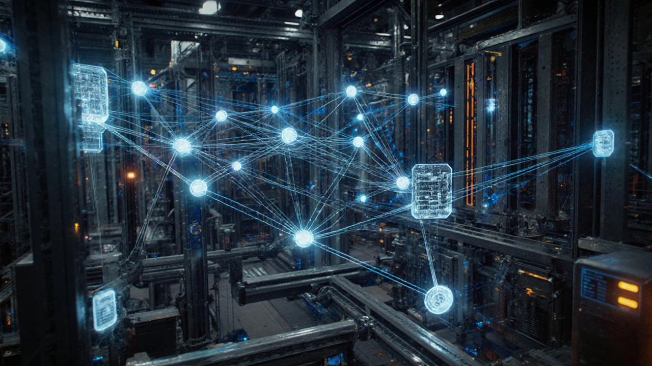 Сеть промышленных кабелей в виде светящихся оптоволокон, соединяющих датчики и приводы в цеху.