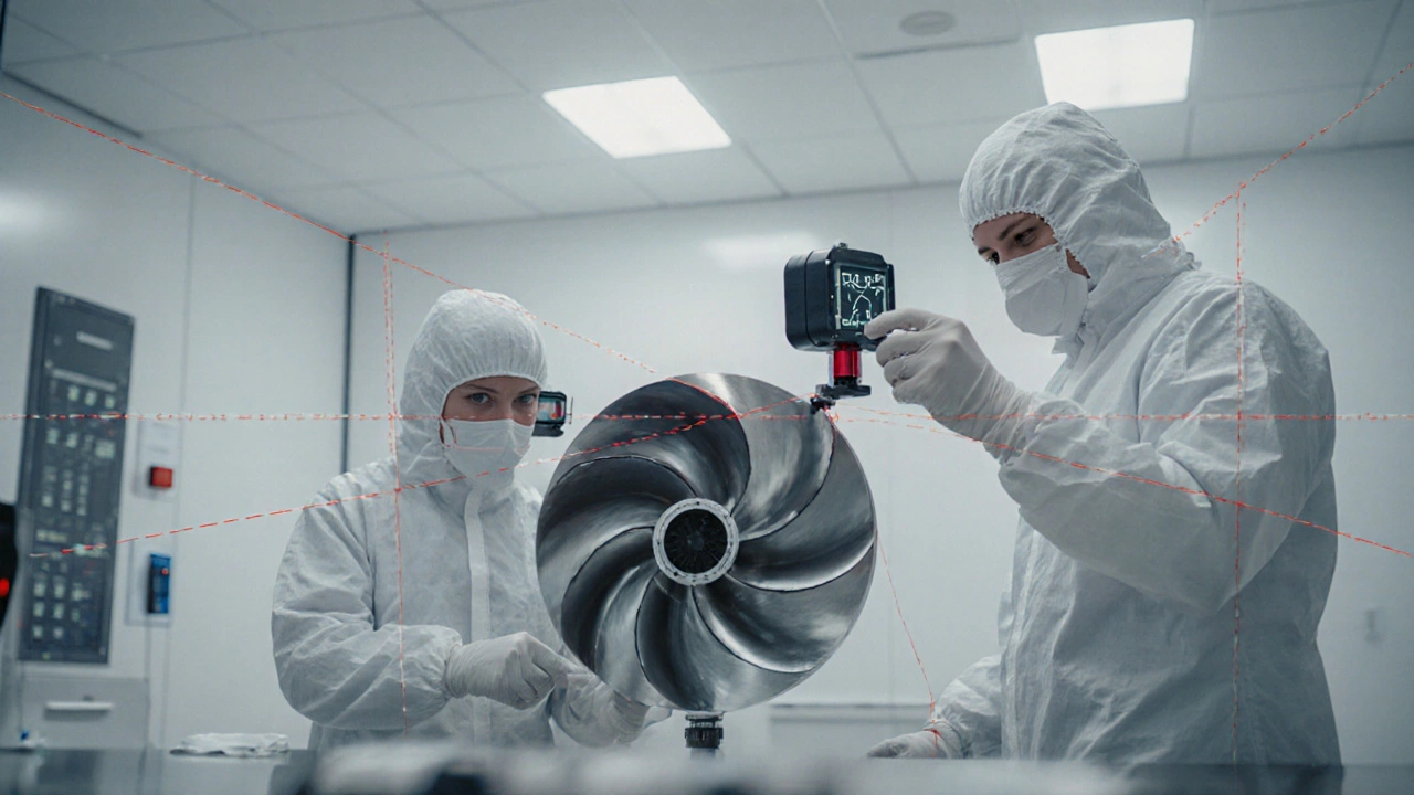 Техник измеряет прецизионную лопатку турбины в чистом цеху.