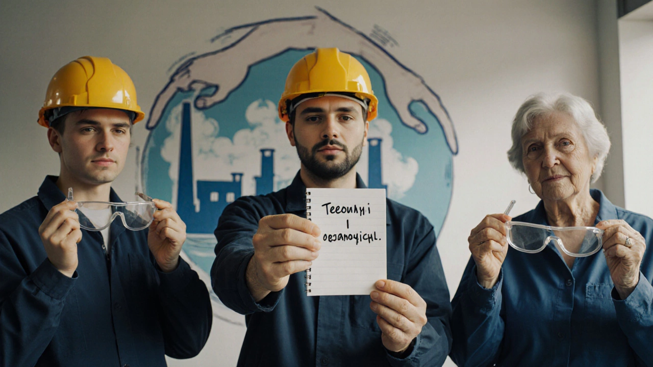 Три работника держат защитные очки, за ними — настенная живопись с руками, охватывающими завод.