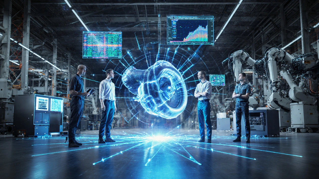 Цепочка инженеров соединена световыми потоками с центральной 3D-моделью турбины в цифровом производстве.
