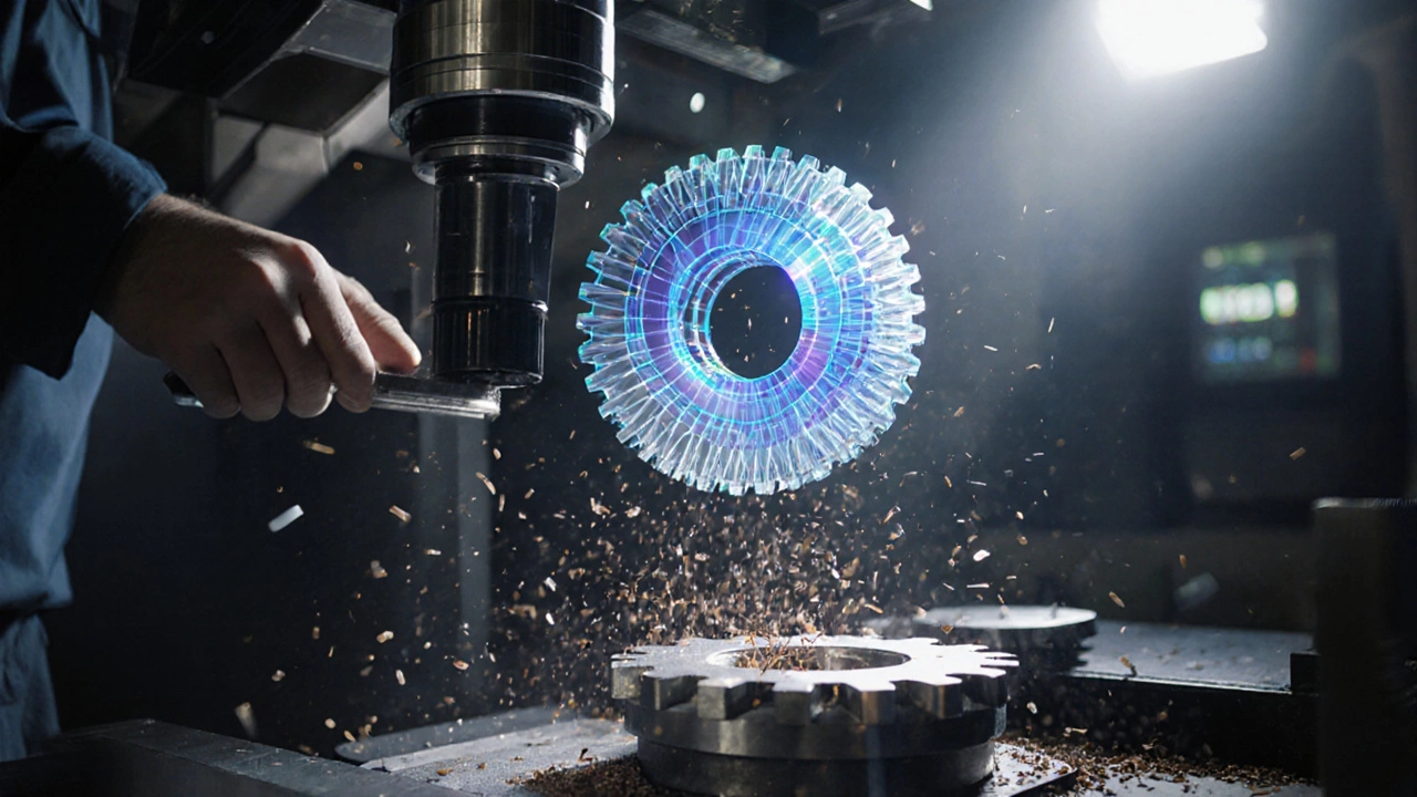 ЧПУ-станок обрабатывает шестерню, над ней — прозрачная 3D-модель с траекториями инструмента и тепловыми картами.