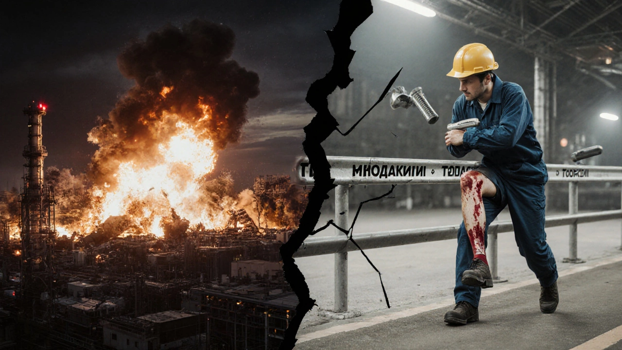 Два сценария: катастрофа на заводе слева, травма рабочего справа — символизирующие две системы безопасности.