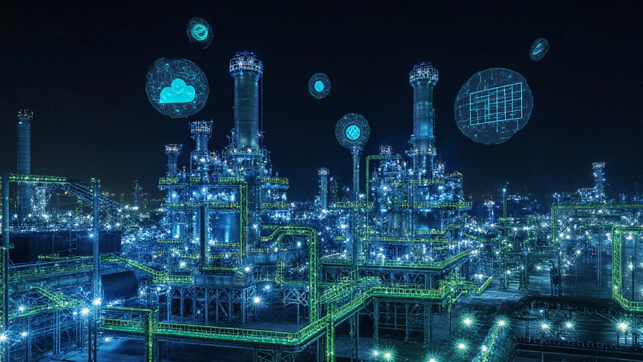 Химический завод в Татарстане с цифровыми аналитическими системами в ночном свете.
