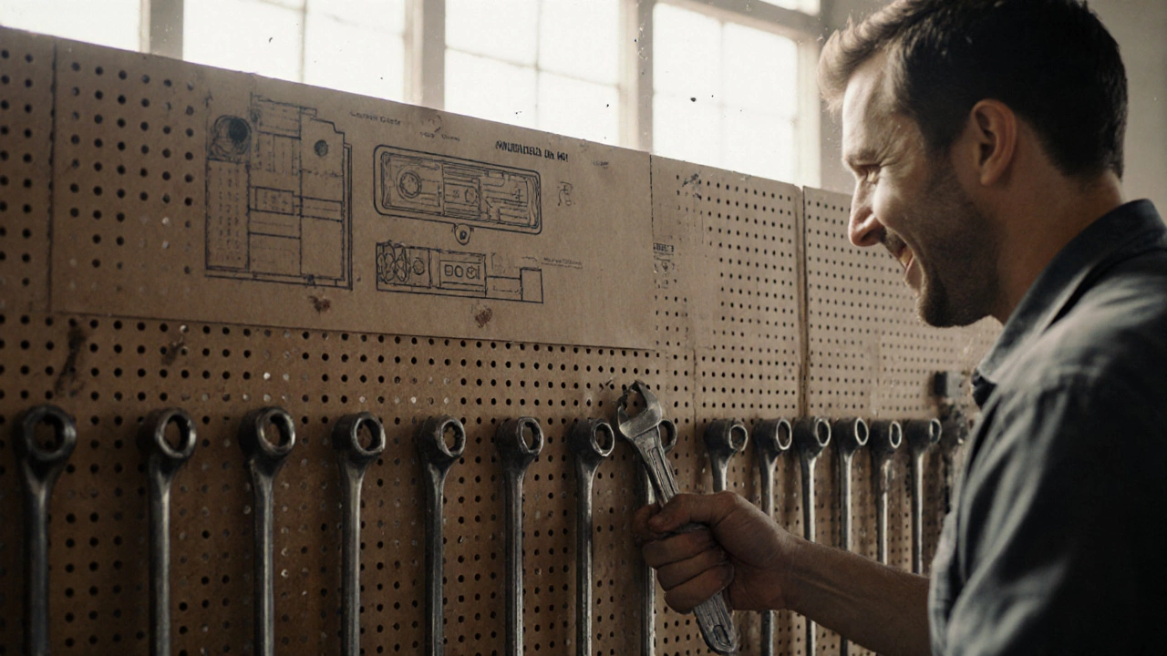 Инструменты на одинаковых креплениях на деревянной доске, рабочий берёт гаечный ключ одним движением — без поиска.