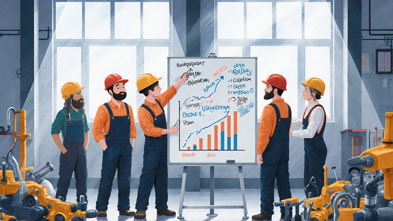 Команда рабочих обсуждает улучшения производства на доске, без руководителей, с графиками роста эффективности.