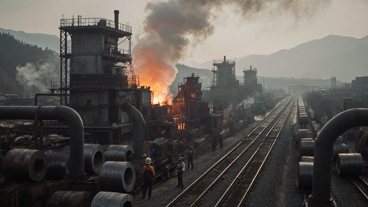 Металлургический завод на Урале с плавкой стали и железнодорожными вагонами.