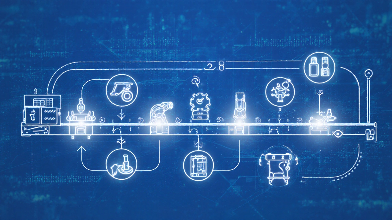 Производственная линия с семью контрольными точками качества, показанными как светящиеся этапы.