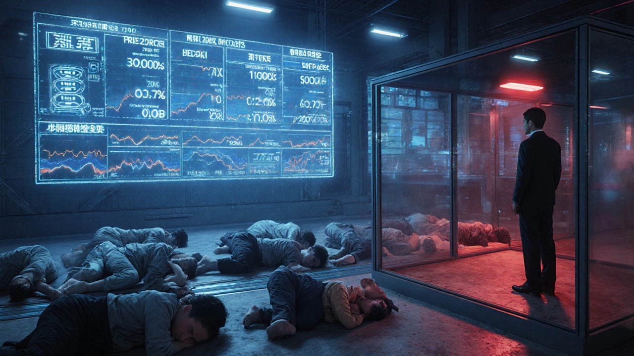 Рабочие спят на полу склада в Китае, над ними — цифровой экран с метриками, тень менеджера в офисе сверху.