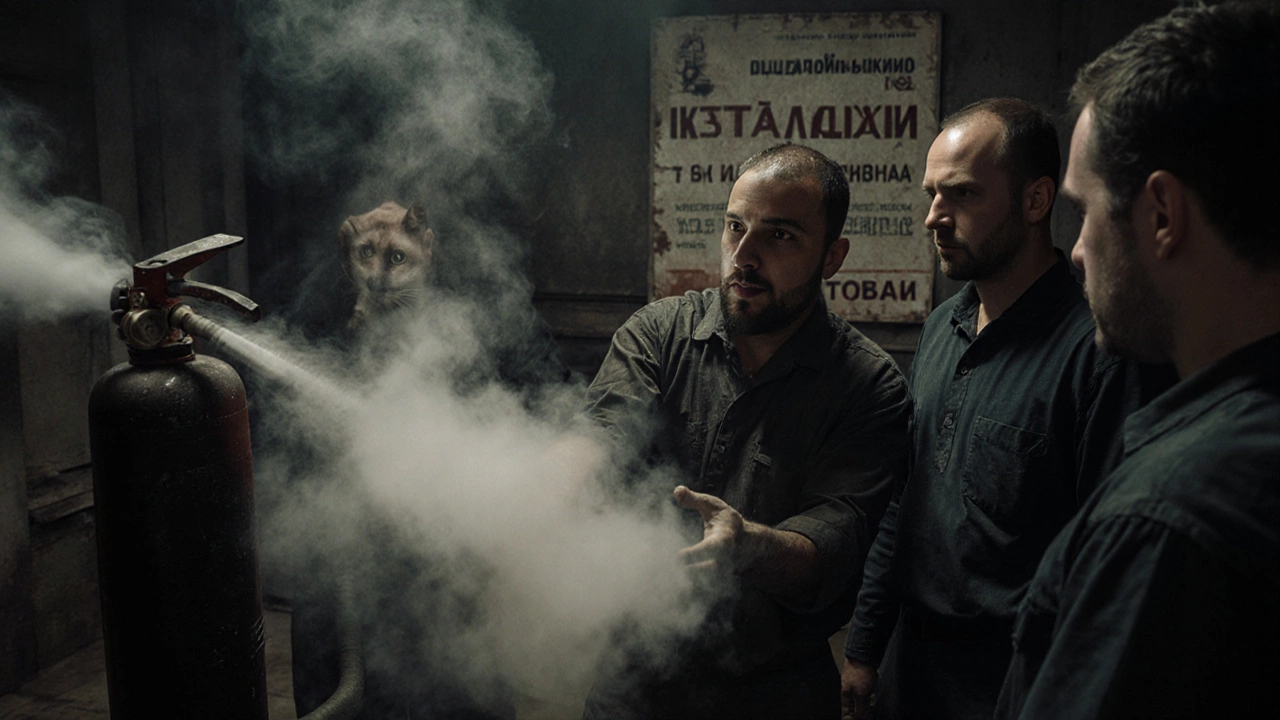 Рабочие тренируются с огнетушителем на реальном тренажёре в цеху.