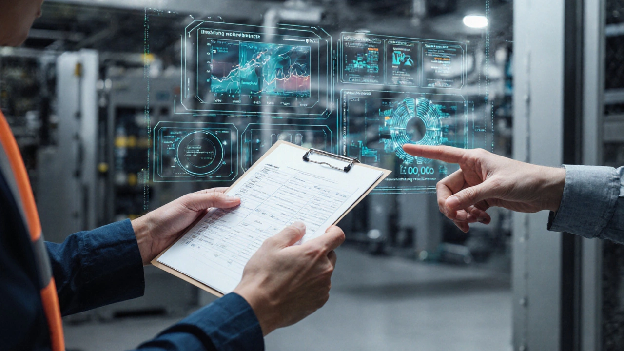Рабочий переходит от ручного контроля к анализу данных на цифровой панели, символизируя эволюцию роли человека на заводе.