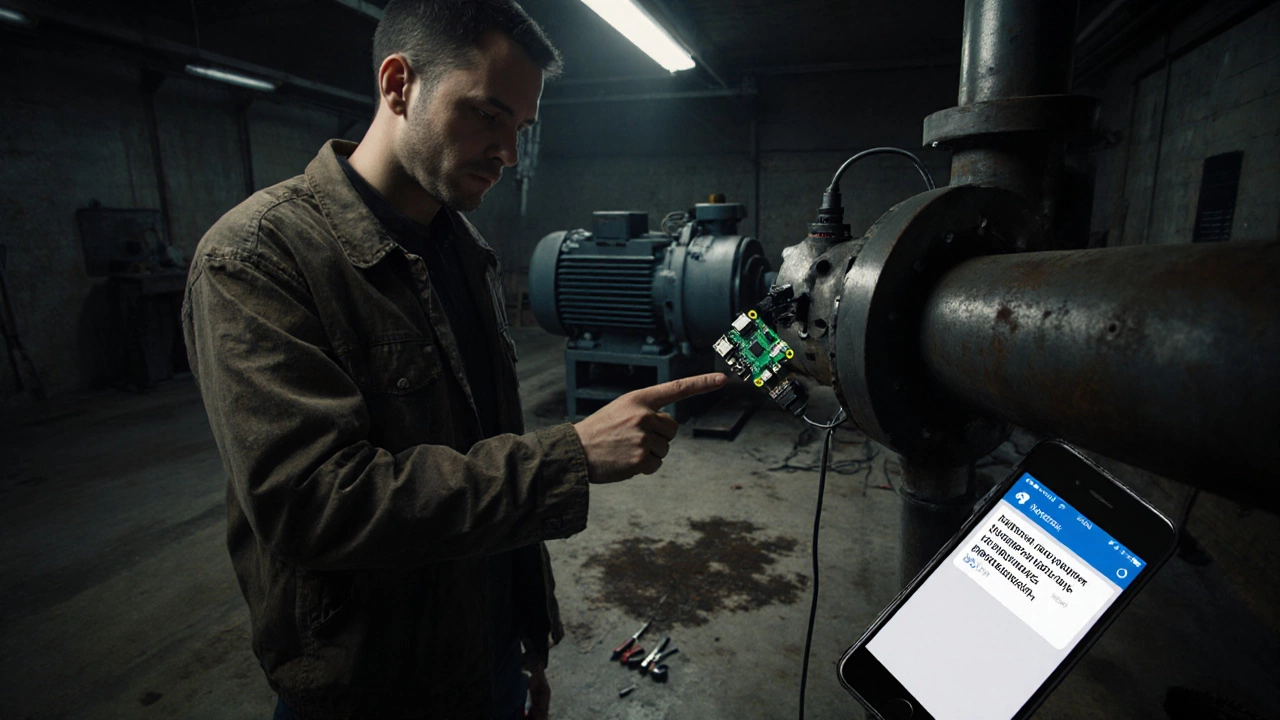 Рабочий смотрит на SMS-уведомление от датчика давления, подключённого к Raspberry Pi на трубе промышленного насоса.