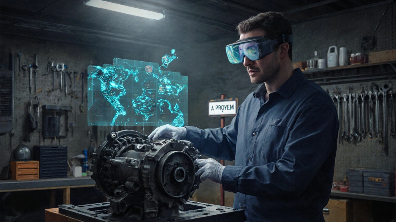 Рабочий в AR-очках получает анимационные подсказки при сборке, рядом — панель с данными о состоянии оборудования.
