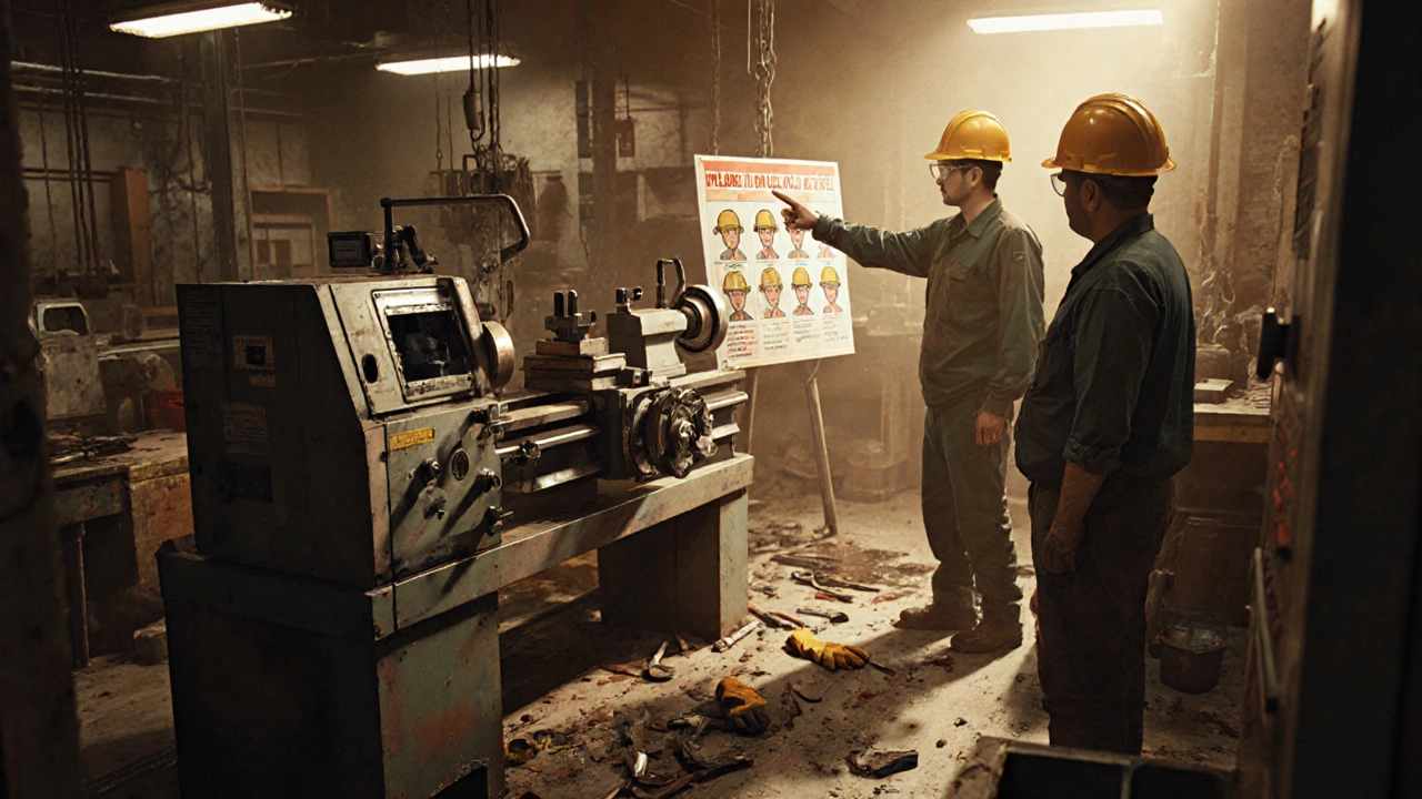 Рабочий в цеху без защитного кожуха на станке, надзиратель указывает на инструкцию по охране труда.