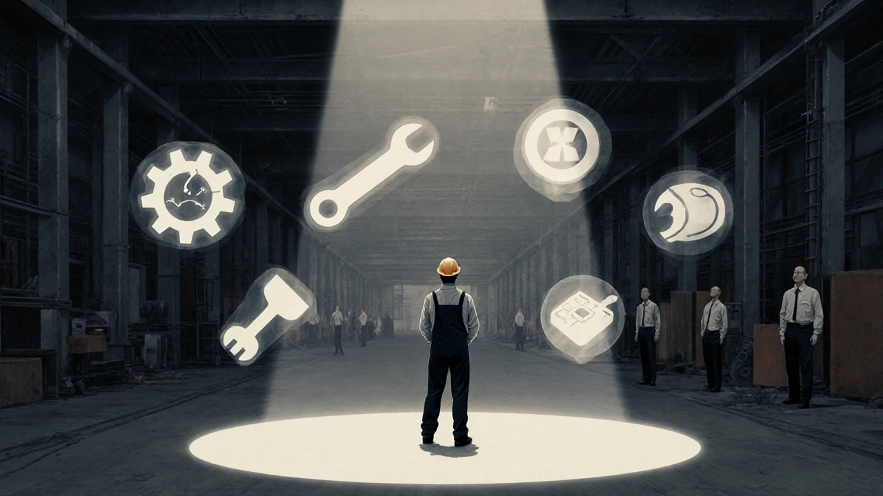 Рабочий в каске стоит в центре цеха, вокруг него исчезают символы опасности.