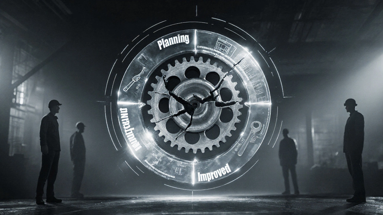 Разбитая шестерня с тремя слоями управления качеством: планирование, контроль, улучшение.