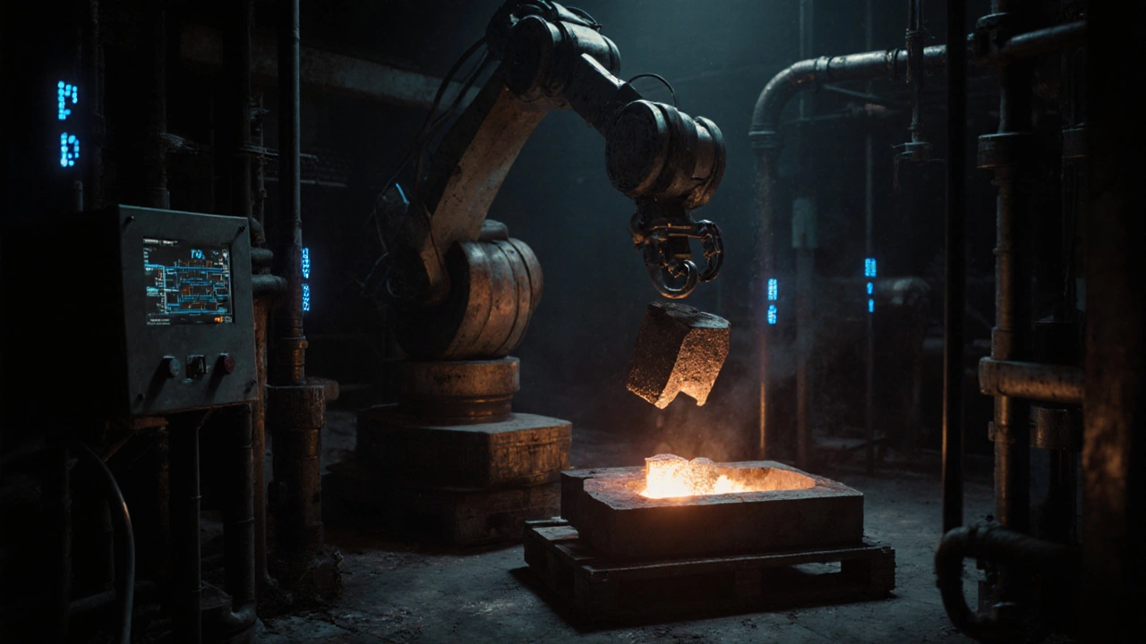 Роботизированный манипулятор загружает слиток в печь, датчики отслеживают температуру и вибрацию оборудования.