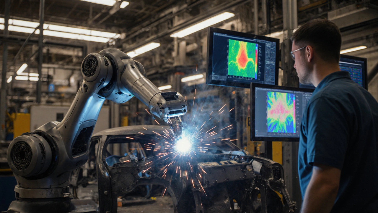 Роботы сваривают автокомпоненты, а люди контролируют процесс через экраны с данными ИИ.