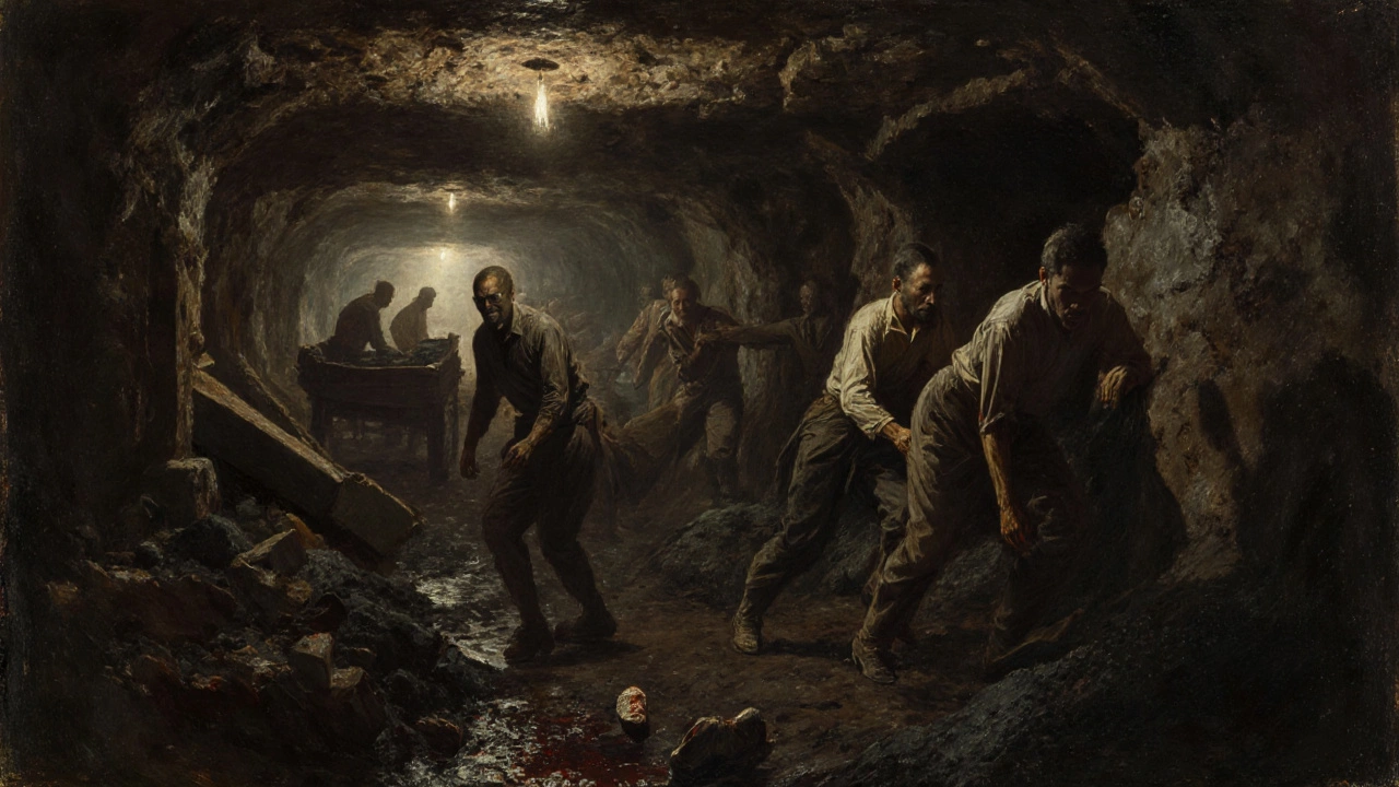 Шахтеры в угольной шахте XIX века, лицо в пыли, кашляют кровью, один ребенок оставил ботинок в грязи.