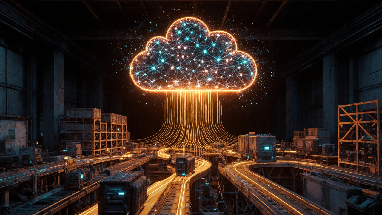 Сеть датчиков и облако данных передают информацию между оборудованием на заводе.