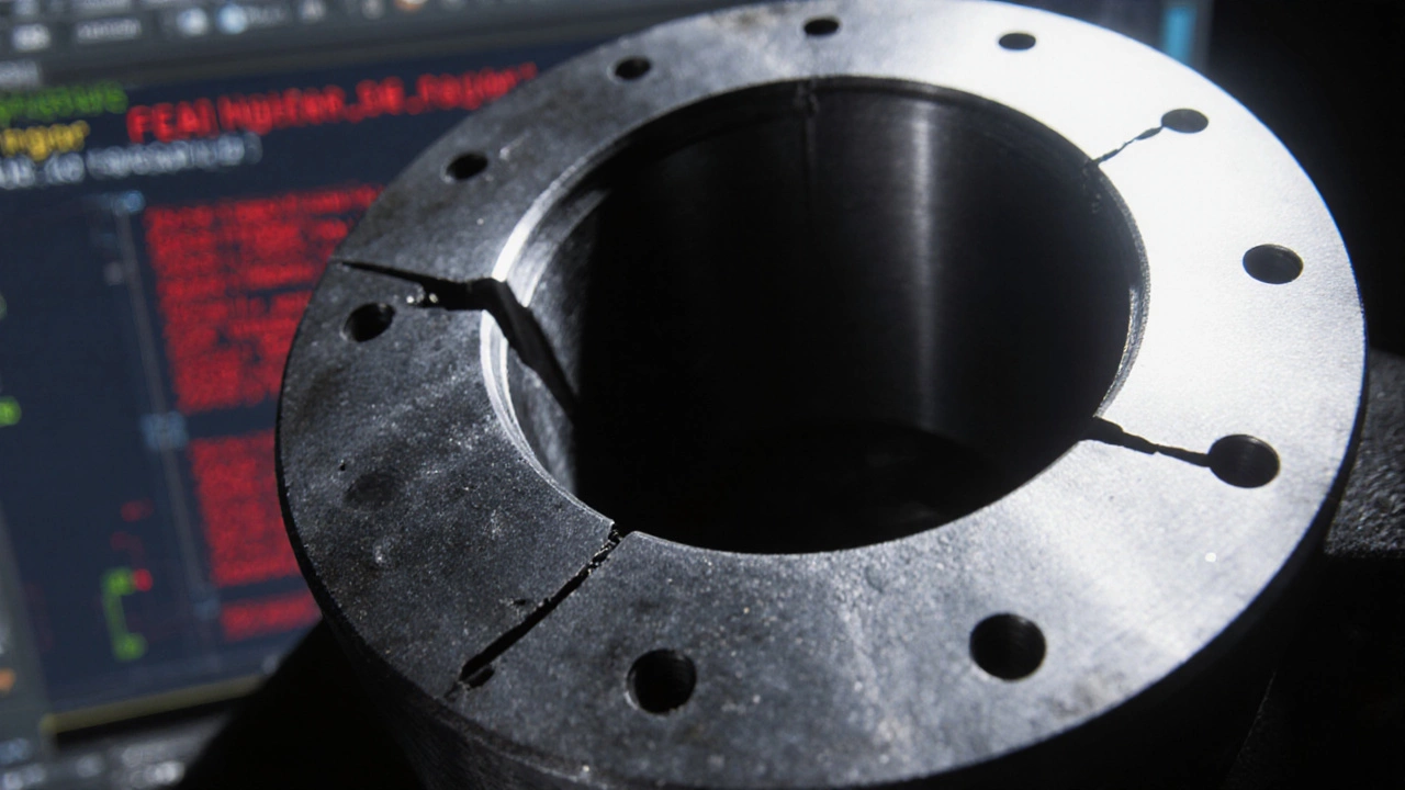 Трещина в гидравлическом прессе из-за ошибки радиуса, с визуализацией напряжений, под холодным светом.