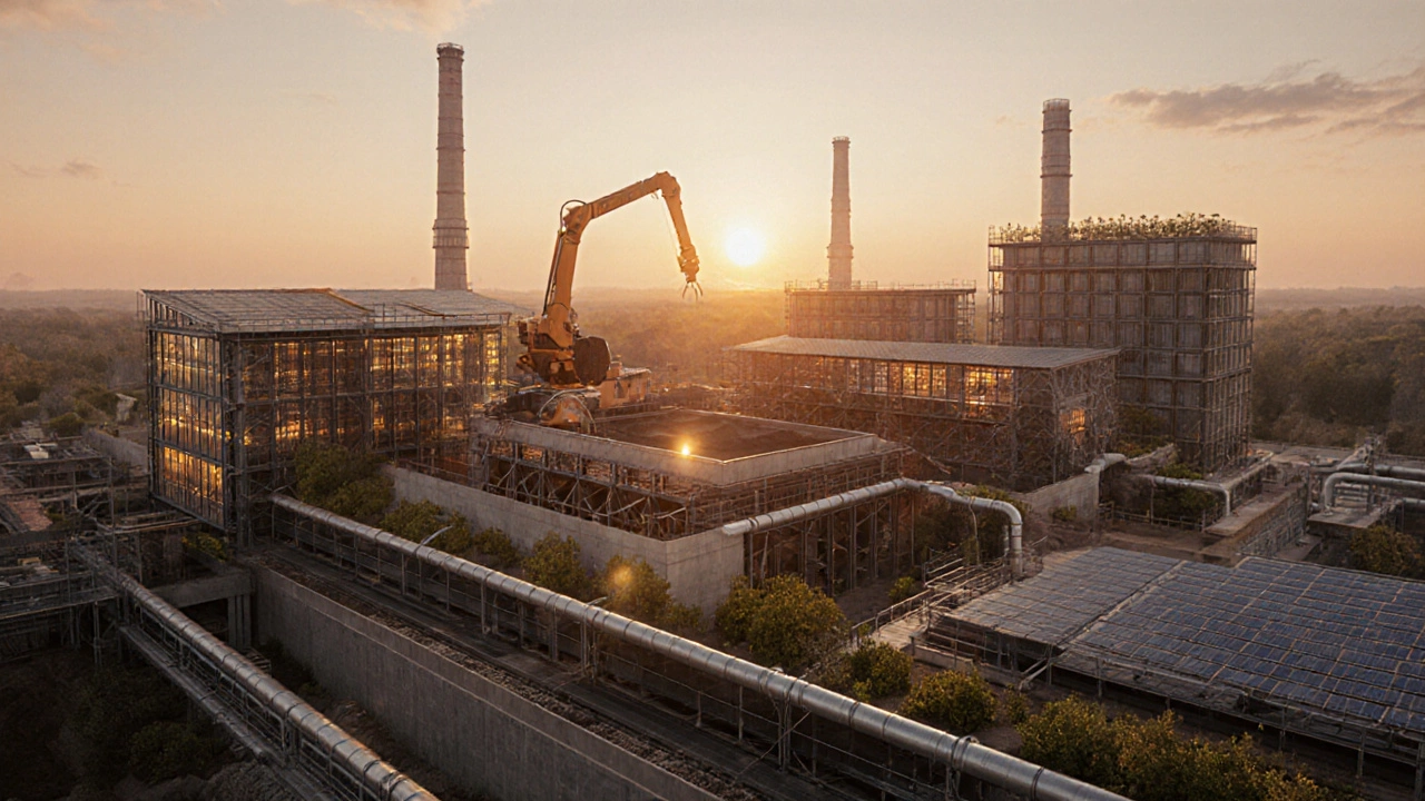 Завод с нулевым отходом перерабатывает все отходы в полезные материалы под закатом.