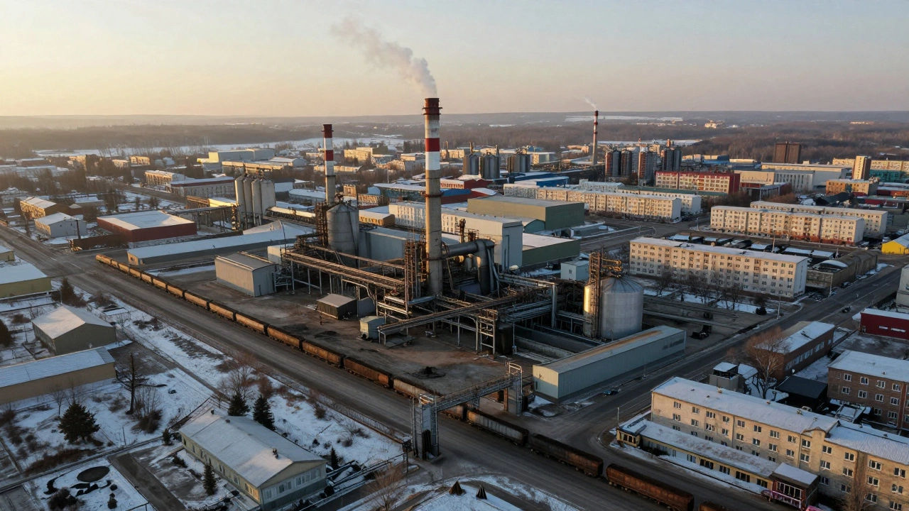 Аэрофотоснимок промышленного комплекса на Урале с жилыми зданиями и поездами возле завода.