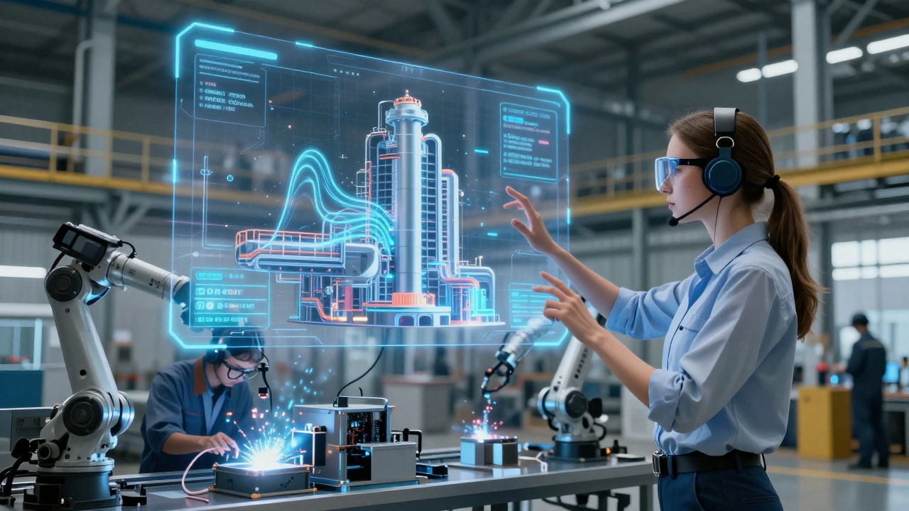 Цифровой двойник завода в виде голографической модели над реальным производством, инженер управляет системой.