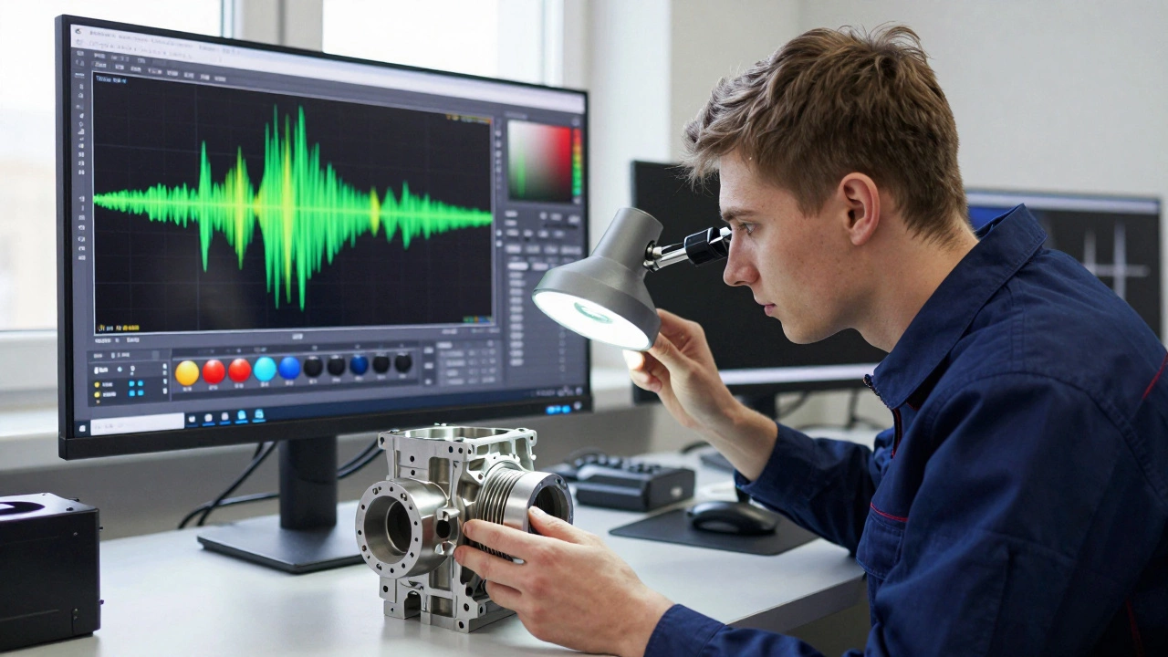 Инженер проверяет 3D-печатную деталь насоса с анализом вибраций на экране.