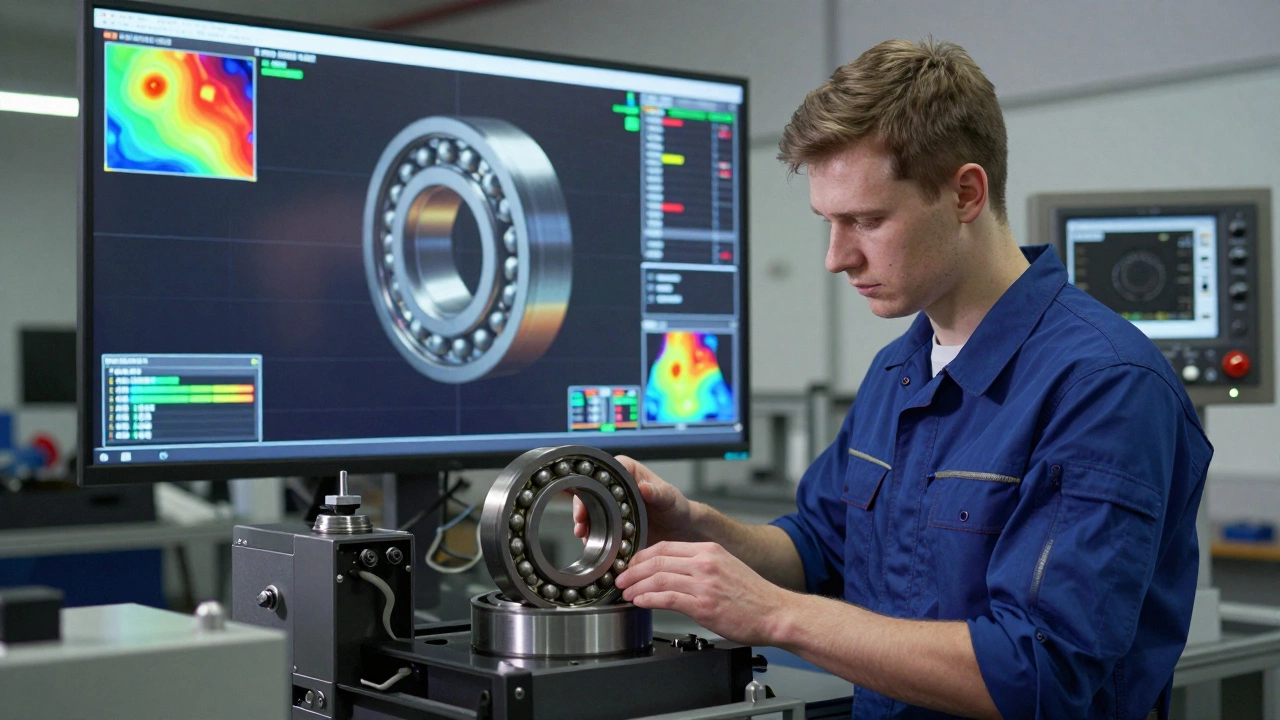 Инженер устанавливает подшипник в сельхозтехнику, рядом — виртуальная копия детали с моделью нагрузок.