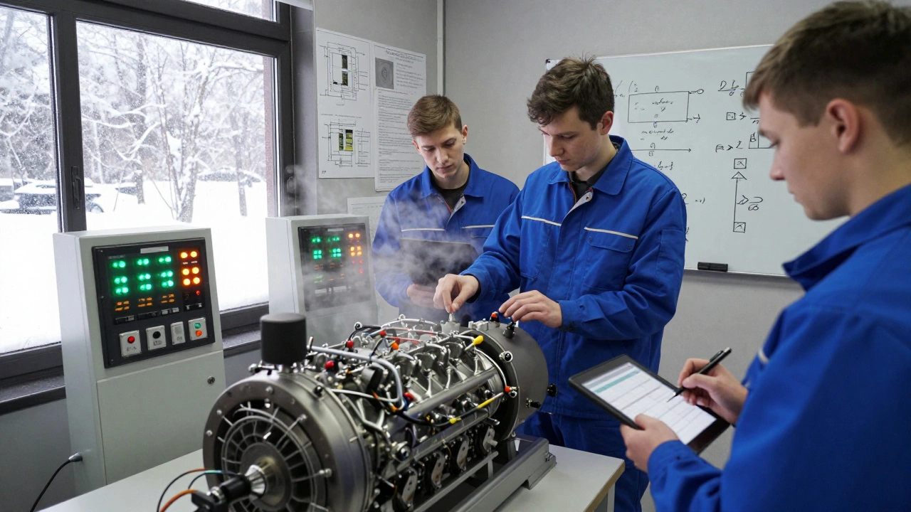 Инженеры тестируют гибридный двигатель для автобуса на морозе, за окном — зима, на панелях мигают индикаторы.