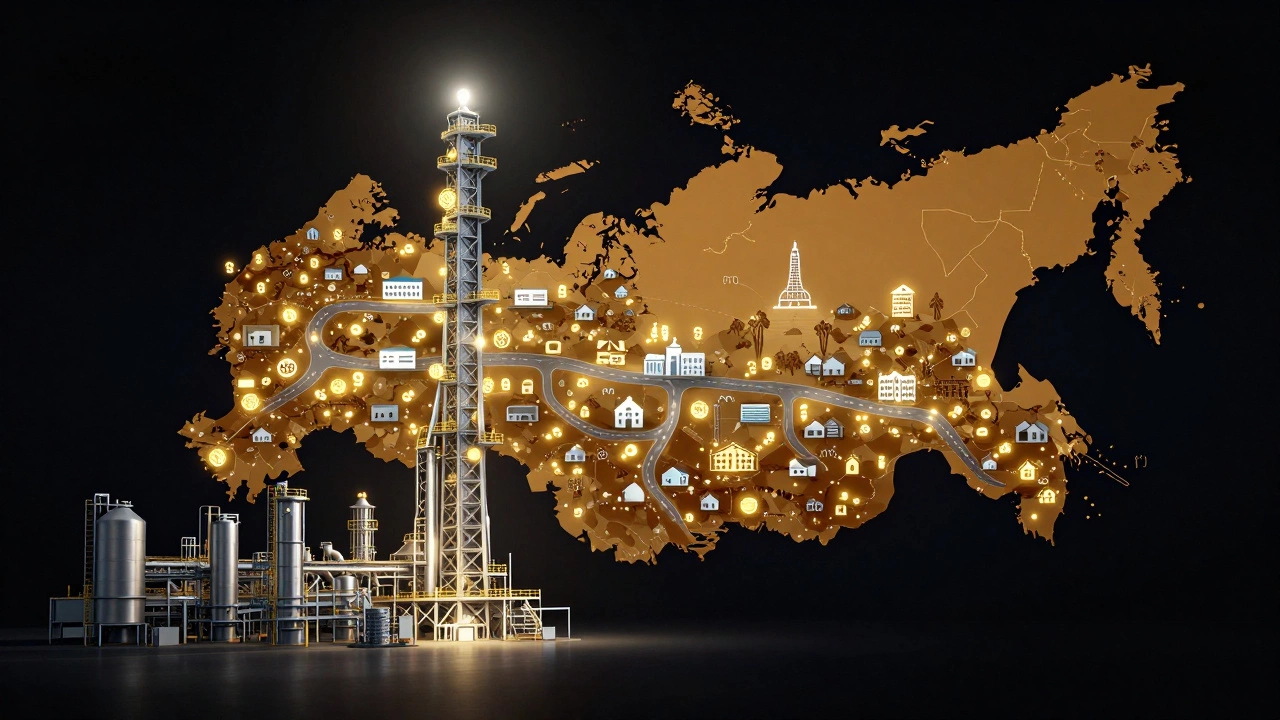 Концептуальное изображение завода как основы экономики России с ветвями к инфраструктуре.