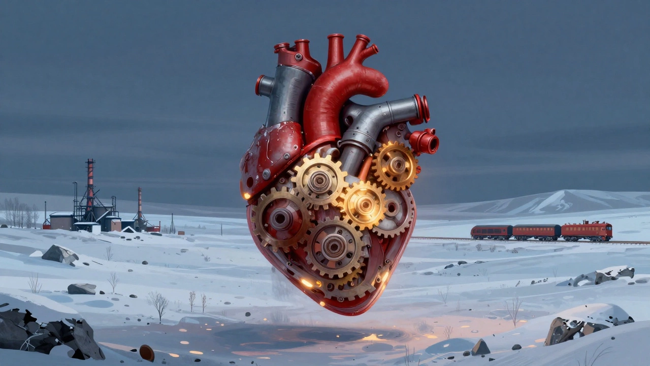 Механическое сердце из шестерён и подшипников светится в снежной сибирской пустоши, символизируя технологическую независимость.