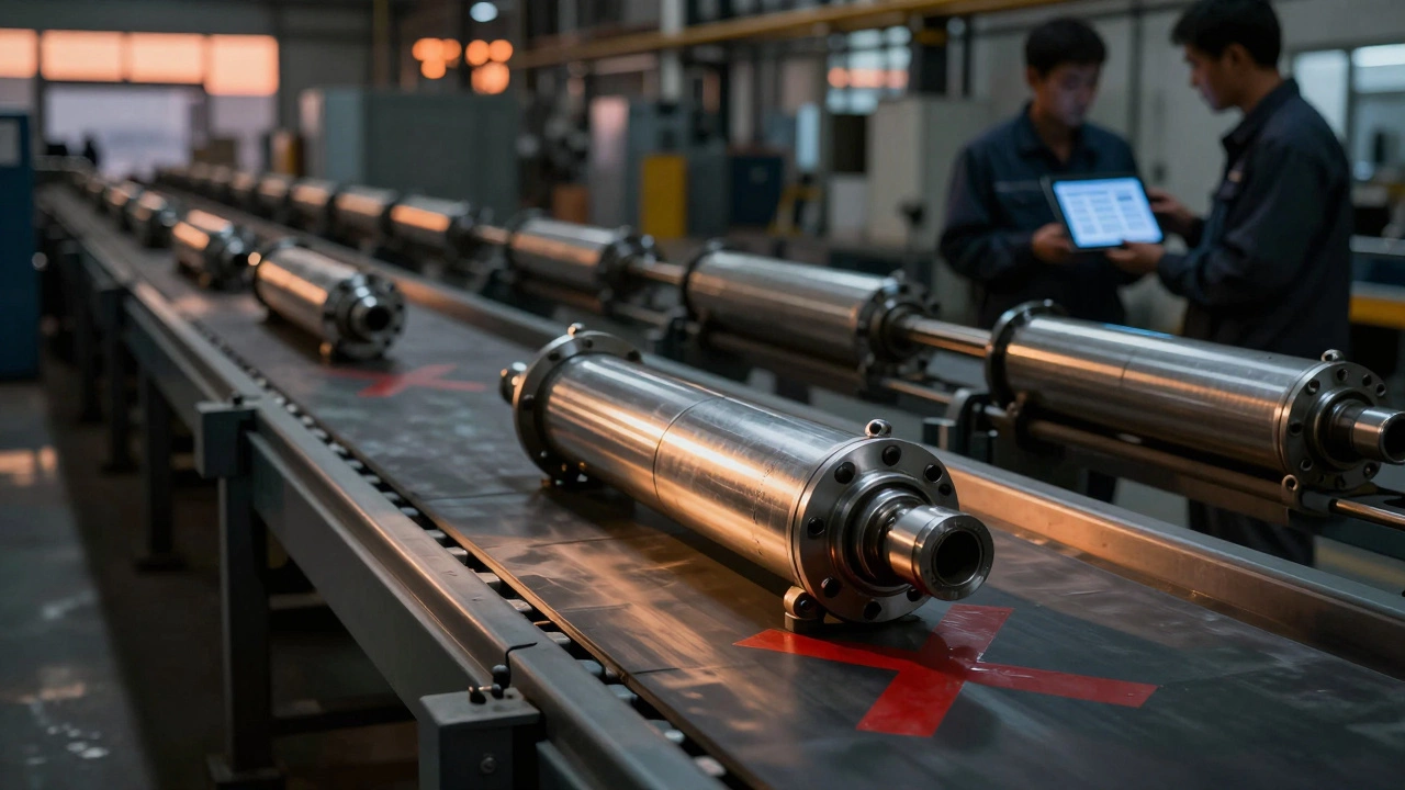 На конвейере один бракованный гидроцилиндр среди сотен идеальных, подсвеченный красным светом.