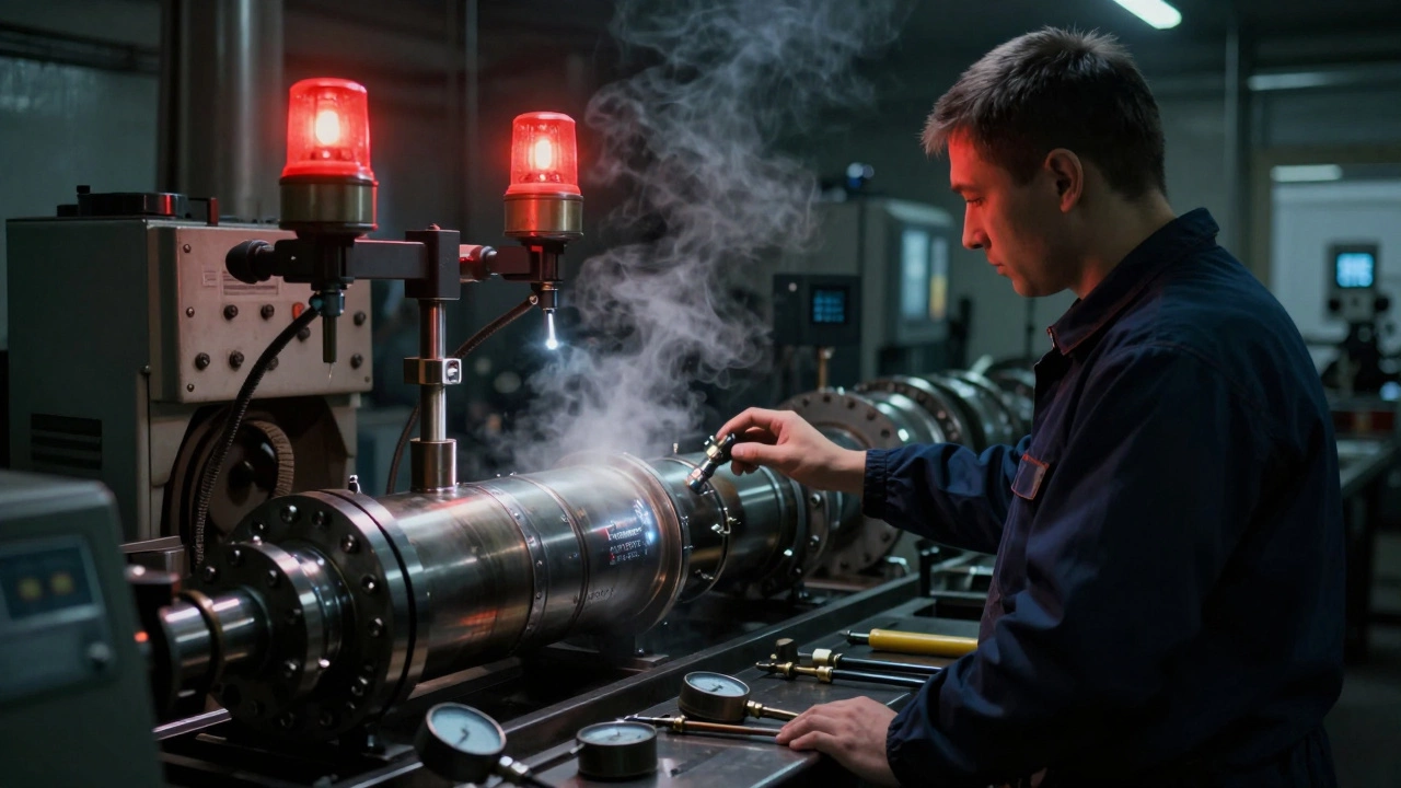 Оператор останавливает линию из-за дефекта в сварном шве гидравлического цилиндра.