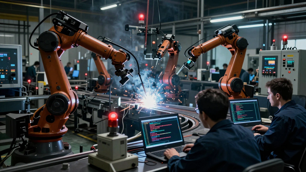 Остановленная производственная линия с мигающими сигналами тревоги и ошибкой на экране.