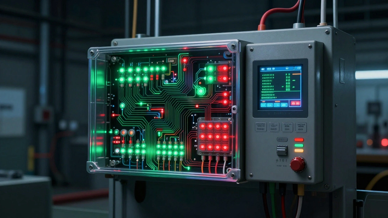 Программируемый логический контроллер с видимой электроникой и мигающими светодиодами в панели управления.