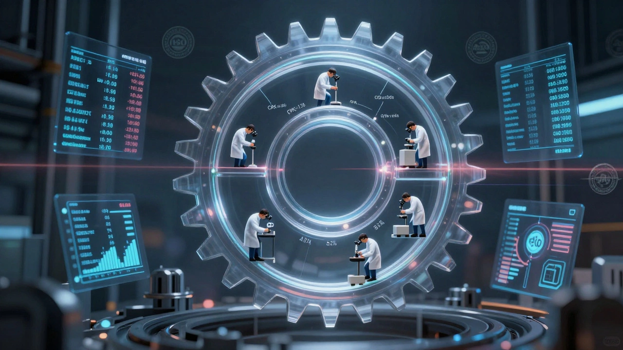 Прозрачная шестерня с внутренними измерениями качества: Cpk, MTBF, процент брака, окружающие цифровые потоки.