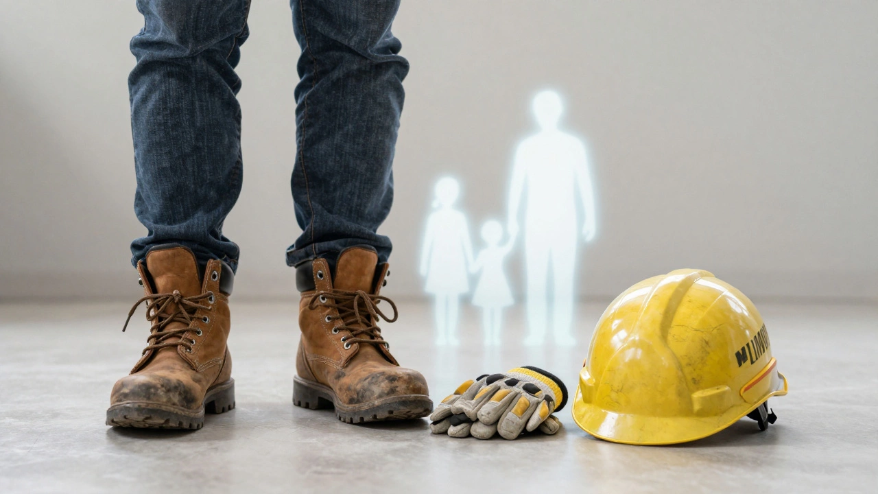 Рабочие ботинки и защитное снаряжение рядом с силуэтом семьи — символ возвращения домой живым и здоровым.