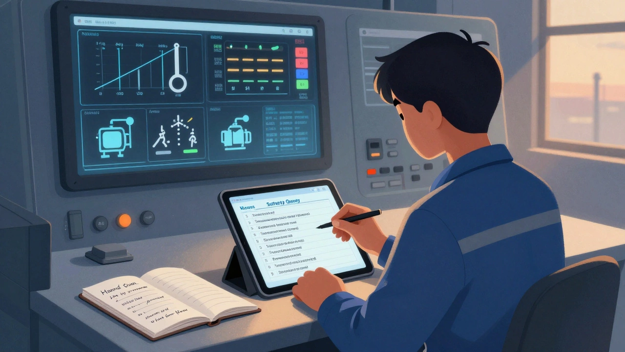 Рабочий проходит обязательный тест по технике безопасности на планшете перед сменой.