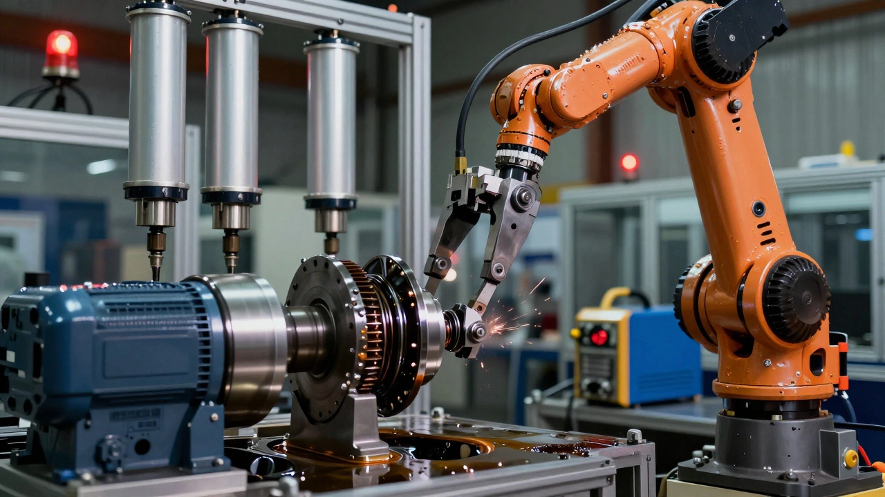 Роботизированный манипулятор устанавливает статор двигателя на конвейерной линии с работающими приводами.